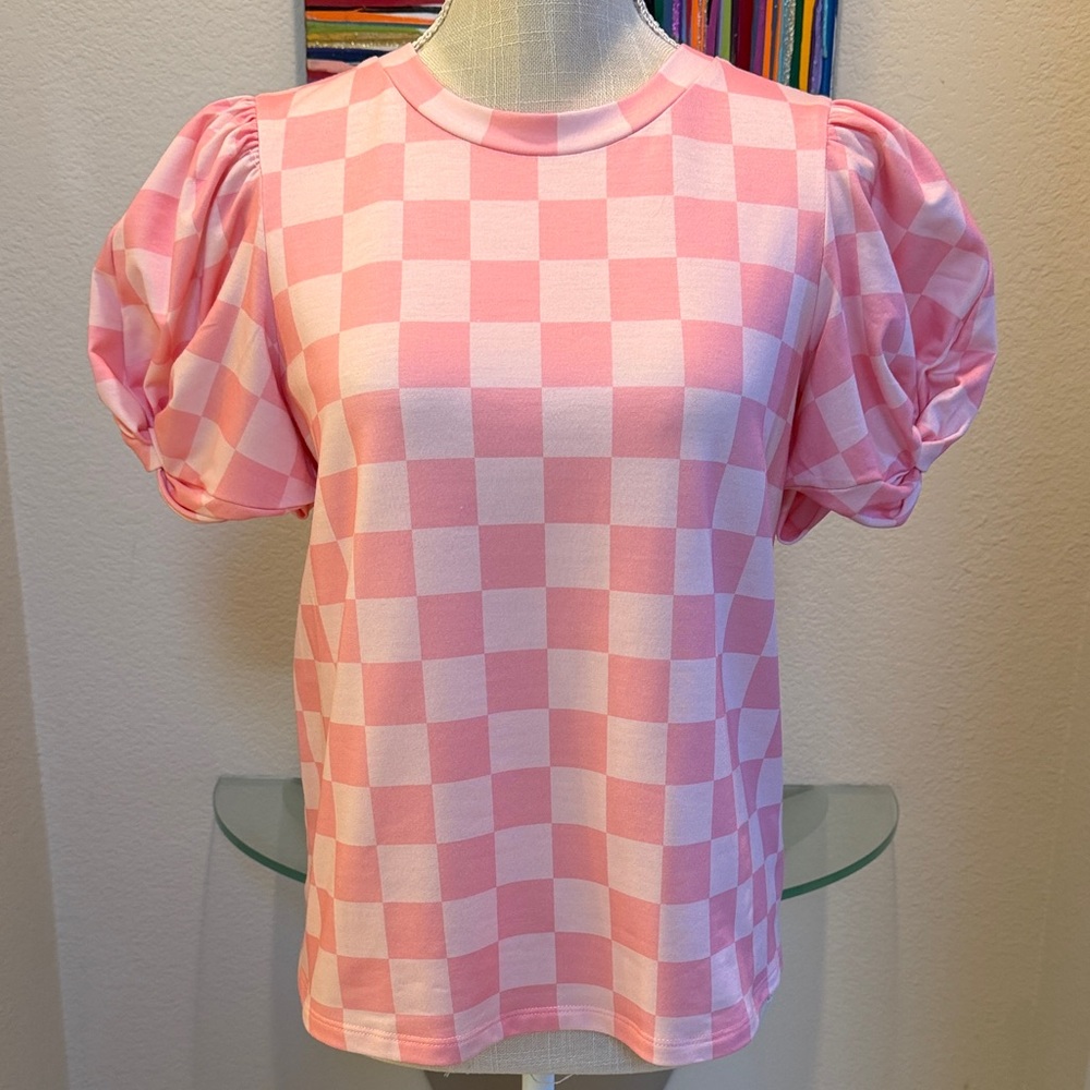 English Factory Pink and White Checker Puff Sleeve Top